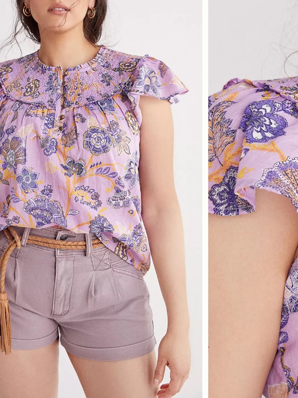 Anthropologie Lavender Floral Smocked Ruffle Top